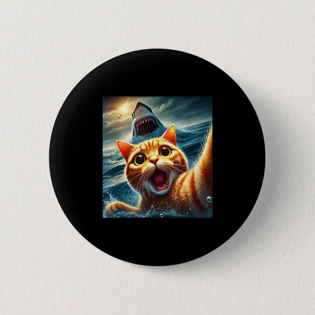 Chapa Redonda De 5 Cm Cat Selfie With Shark Funny  (Anverso)