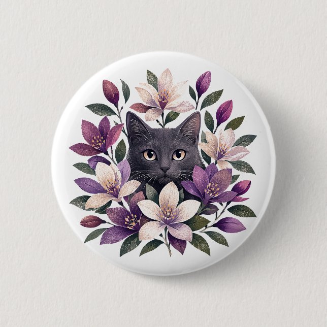 Chapa Redonda De 5 Cm Cat with Flowers (Anverso)