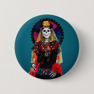 Chapa Redonda De 5 Cm Catrina elegante en traje tradicional mexicano