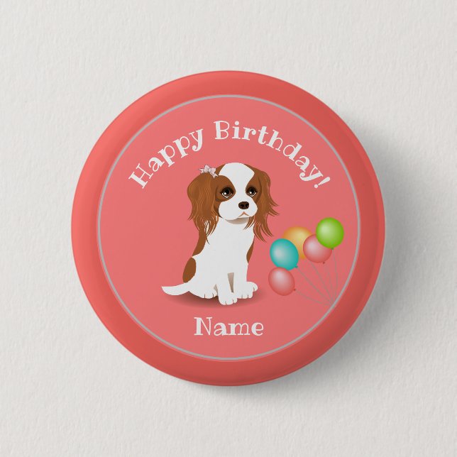 Chapa Redonda De 5 Cm Cavalier King Charles Spaniel Pink Happy Birday (Anverso)