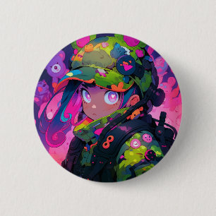 Chapa Redonda De 5 Cm Cazadora Militar Kawaii Corazón Ojos Anime Camufla