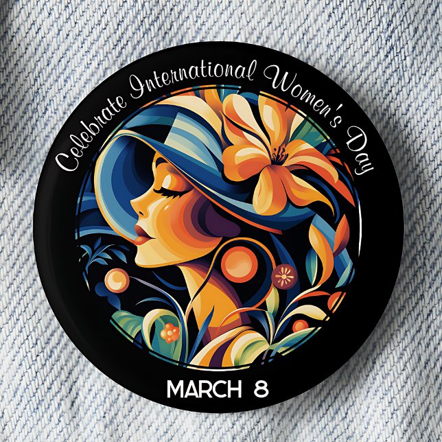 Chapa Redonda De 5 Cm Celebrar el Día Internacional de la Mujer (Art Deco, Vintage inspired, Celebrate International Women's Day March 8 pinback button.)