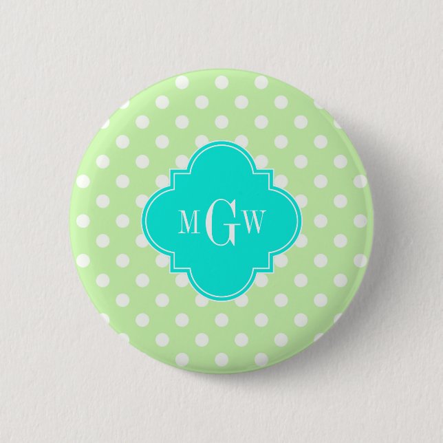 Chapa Redonda De 5 Cm Celery Polka Dot Aqua Quatrefoil 3 Monograma (Anverso)
