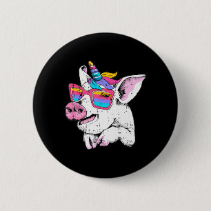 Chapa Redonda De 5 Cm Cerdo Divertido Unicornio Cría Cuerno Gafas Granja