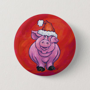 Chapa Redonda De 5 Cm Cerdo en Santa Hat en rojo