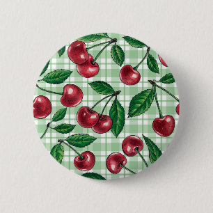 Chapa Redonda De 5 Cm Cerezas rojas en gingham verde claro