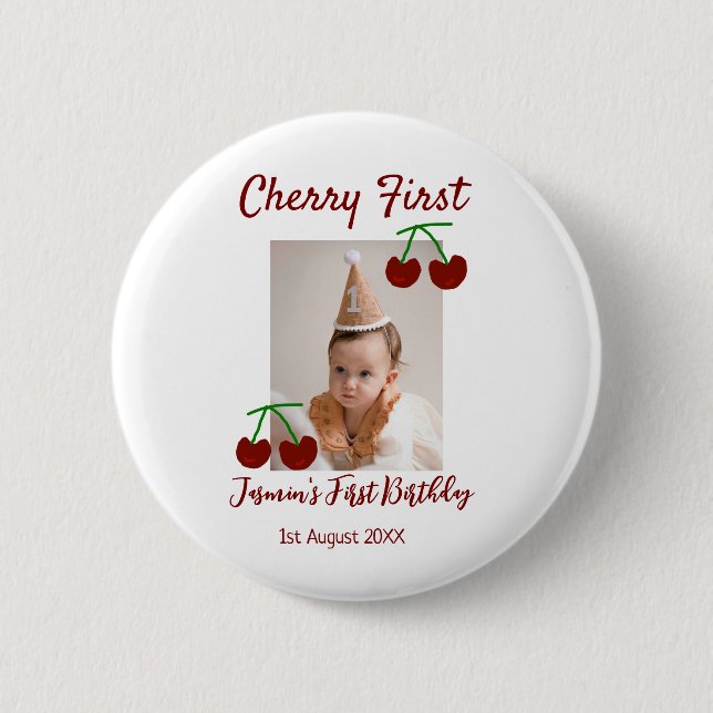 Chapa Redonda De 5 Cm Cherry primer feliz cumpleaños foto niños rojo mod (Anverso)