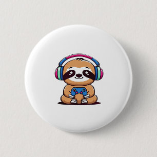 Chapa Redonda De 5 Cm Chibi Kawaii Sloth Gamer - Animal gracioso con