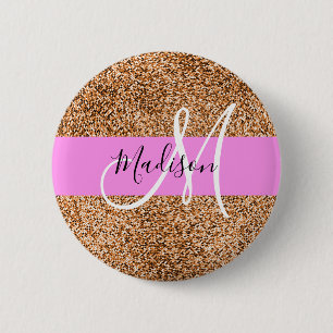 Chapa Redonda De 5 Cm Chic Rosa y Purpurina de Calabaza Brillante Monogr
