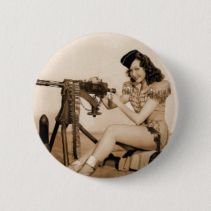 Chapa Redonda De 5 Cm Chica Ametralladora de Mujeres Retro Vintage