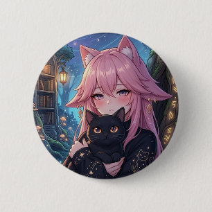 Chapa Redonda De 5 Cm Chica Anime Neko Kawaii con Gato Negro - Eclipse C