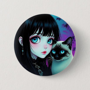 Chapa Redonda De 5 Cm Chica Anime y Gato Siames