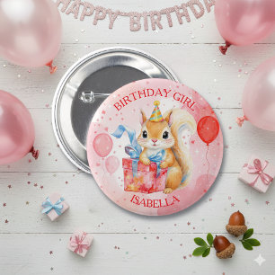 Chapa Redonda De 5 Cm Chica Cumpleañera Personalizada Ardilla Rosa y Roj
