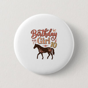 Chapa Redonda De 5 Cm Chica Cumpleaños 10 Caballo Diseño Vectorial Flora
