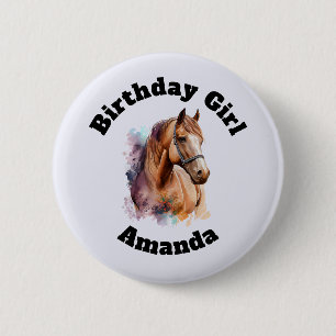 Chapa Redonda De 5 Cm Chica Cumpleaños Cabeza de Caballo Marrón Retrato