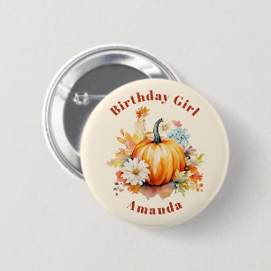 Chapa Redonda De 5 Cm Chica Cumpleaños Calabaza Naranja y Flores Otoño