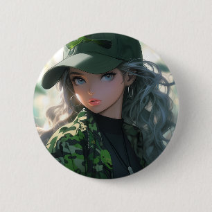 Chapa Redonda De 5 Cm Chica de Anime de Camuflaje Militar Kawaii Entrena