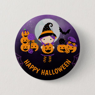 Chapa Redonda De 5 Cm Chica de brujas y calabazas felices Halloween