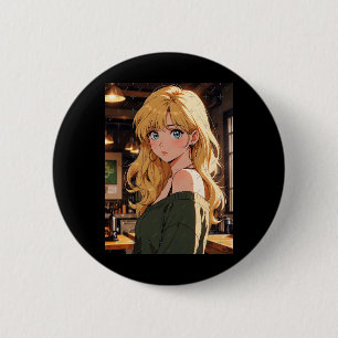 Chapa Redonda De 5 Cm Chica de Café de Anime Retro Ambiente Cálido y Aco