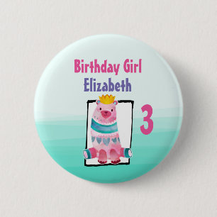 Chapa Redonda De 5 Cm Chica de cumpleaños con oso acuarela usando corona