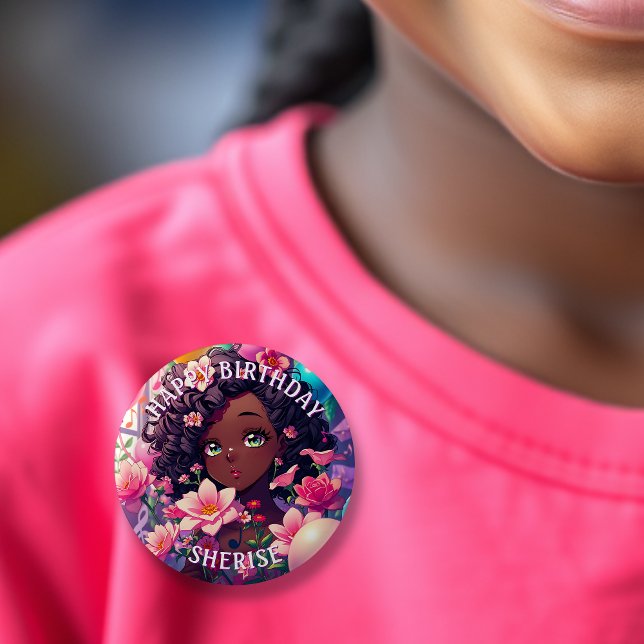 Chapa Redonda De 5 Cm Chica de cumpleaños de anime afroamericano persona (Subido por el creador)