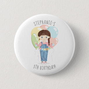 Chapa Redonda De 5 Cm Chica de cumpleaños en Overalls Brunette