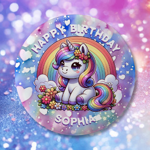 Chapa Redonda De 5 Cm Chica de cumpleaños personalizado de Unicornio y A