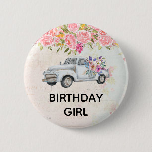 Chapa Redonda De 5 Cm Chica de cumpleaños Vintage Pickup Truck Watercolo