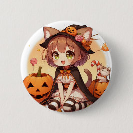 Chapa Redonda De 5 Cm Chica de gatos de Halloween