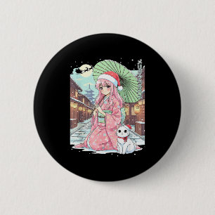 Chapa Redonda De 5 Cm Chica de kimono de anime Navidad Japón Gato Navida