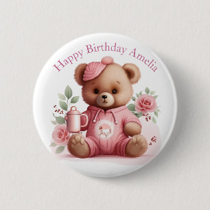 Chapa Redonda De 5 Cm Chica de osito de peluche boho rosa Cumpleaños flo