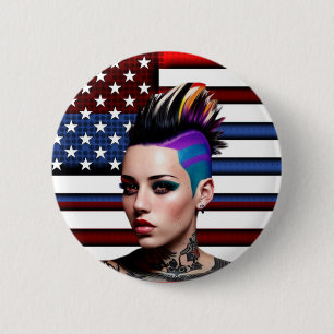 Chapa Redonda De 5 Cm Chica de Punk de Mohawk con bandera estadounidense