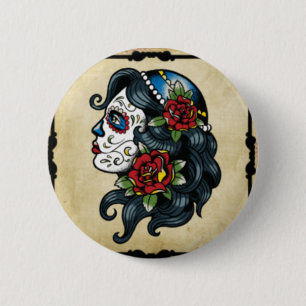 Chapa Redonda De 5 Cm chica del tatuaje del cráneo