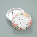 Chapa Redonda De 5 Cm Chica floral de verano medio<br><div class="desc">Identifique a los jugadores clave de su ducha de novia con nuestros elegantes botones florales de moda. El botón presenta una corona floral acuarela de peonías rosadas de color turquesa,  flores de hortensias blancas y vegetación botánica con el "chica floral" inscrito en el interior con escritura manuscrita.</div>