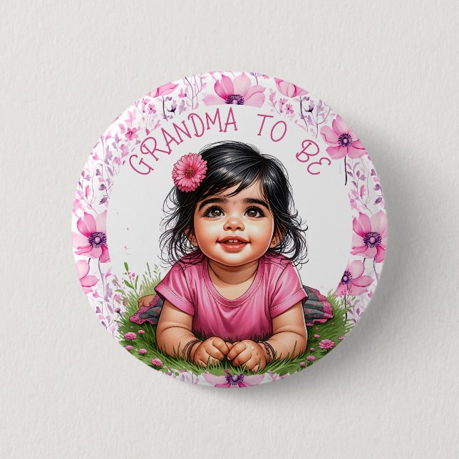 Chapa Redonda De 5 Cm Chica Floral Pink Baby Shower | Abuela a ser (Anverso)