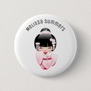 Chapa Redonda De 5 Cm Chica Kokeshi Kimono Rosa Nombre Personalizado