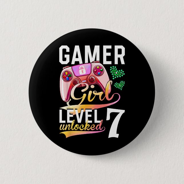 Chapa Redonda De 5 Cm Chica Nivel 7 Videojuego desbloqueado 7º cumpleaño (Anverso)
