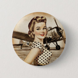 Chapa Redonda De 5 Cm Chica Pinup Vintage y avión WW2, elegante
