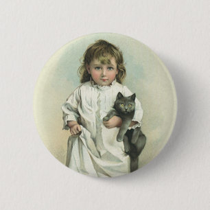 Chapa Redonda De 5 Cm Chica Victoriana Vintage en camisón con su gato