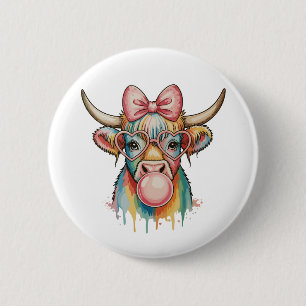 Chapa Redonda De 5 Cm Chicle de Vaca Highland con Lazo Coquette Rosa