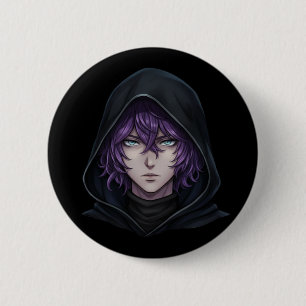 Chapa Redonda De 5 Cm Chico de Anime con Capucha Oscura y Cabello Púrpur