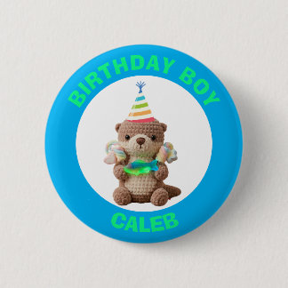 Chapa Redonda De 5 Cm Chico de Cumpleaños | Oso de Peluche Azul y Verde