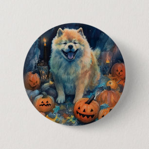 Chapa Redonda De 5 Cm Chow Chow de Halloween con calabazas aterradoras