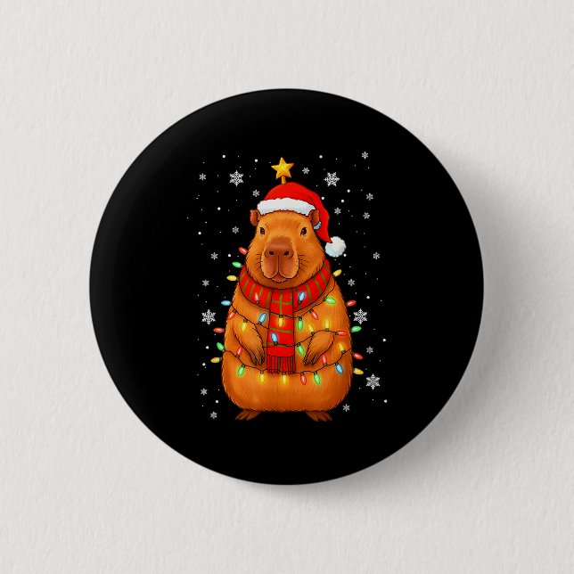 Chapa Redonda De 5 Cm Christmas Capybara With Santa Hat Xmas Lights Tree (Anverso)