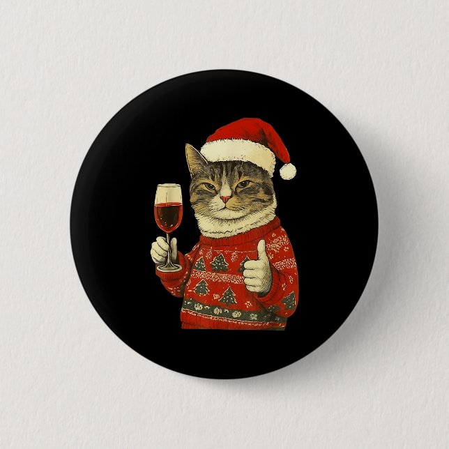 Chapa Redonda De 5 Cm Christmas Cat Likes Cute Cat Drinking Wine With Sa (Anverso)