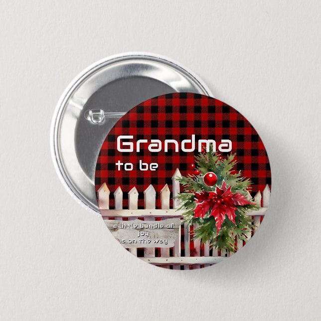 Chapa Redonda De 5 Cm Christmas Fence Buffalo Plaid Grandma-to-be (Anverso y reverso)
