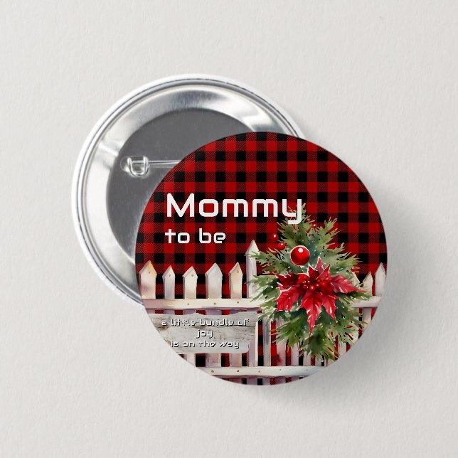 Chapa Redonda De 5 Cm Christmas Fence Buffalo Plaid Mommy-to-be (Anverso y reverso)