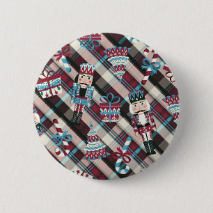 Chapa Redonda De 5 Cm Christmas Nutcracker Plaid Blue Burgundy
