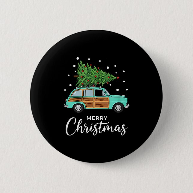 Chapa Redonda De 5 Cm Christmas Retro Car With Christmas Tree - Merry Me (Anverso)