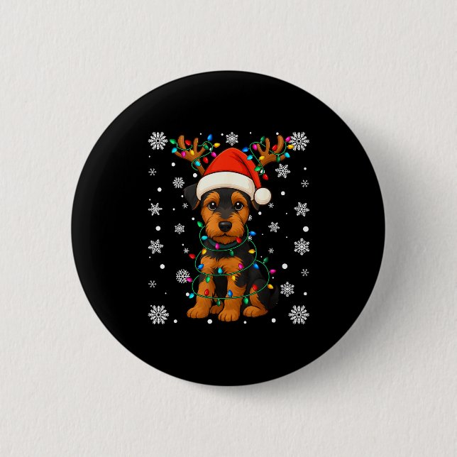 Chapa Redonda De 5 Cm Christmas Santa Hat Reindeer Airedale Terrier Love (Anverso)